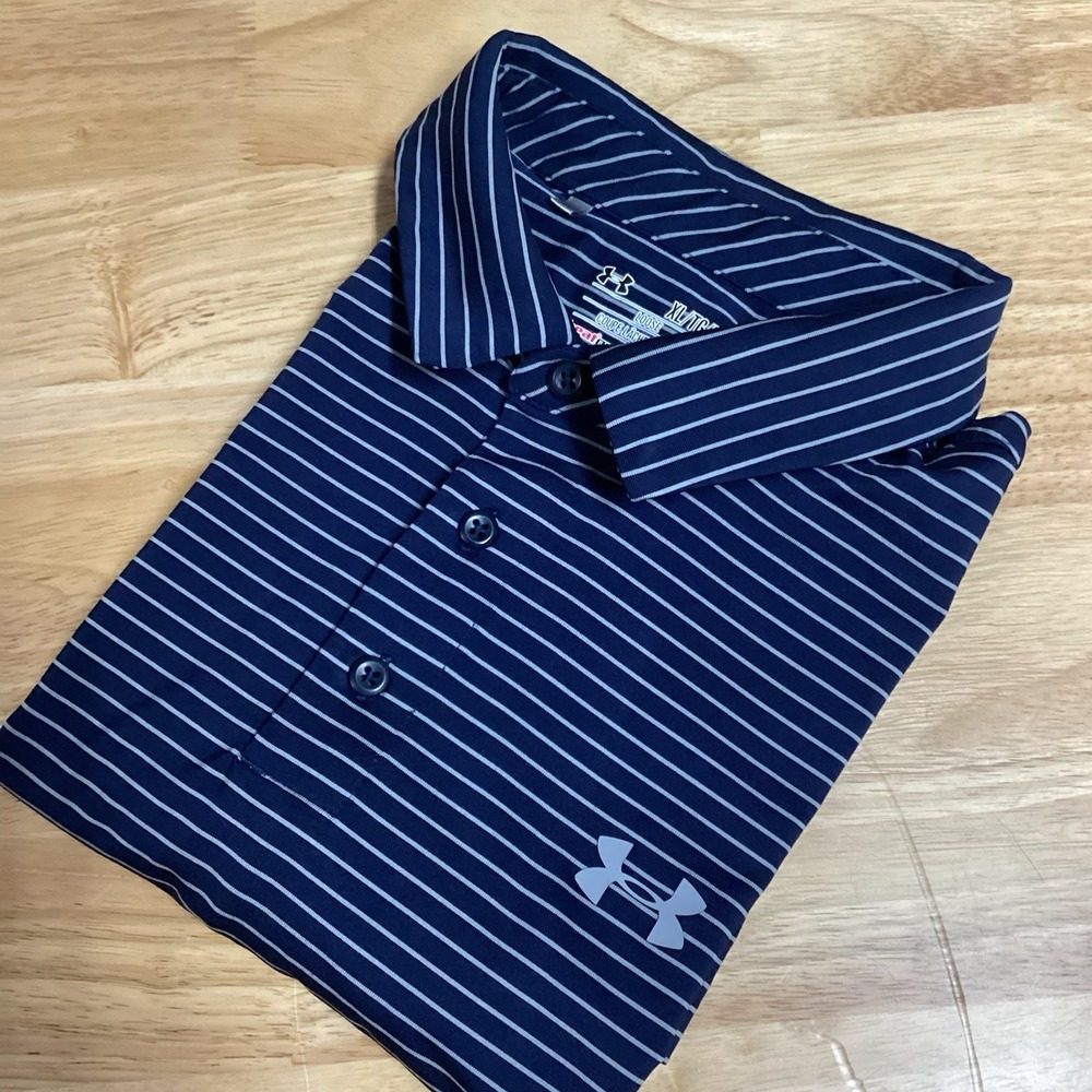 Men's Under Armour Short Sleeved Striped Performance Polo XL Navy/gray‎